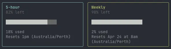 Claude usage panel showing 5-hour window at 18% used with reset time, and weekly window at 2% used with progress bars