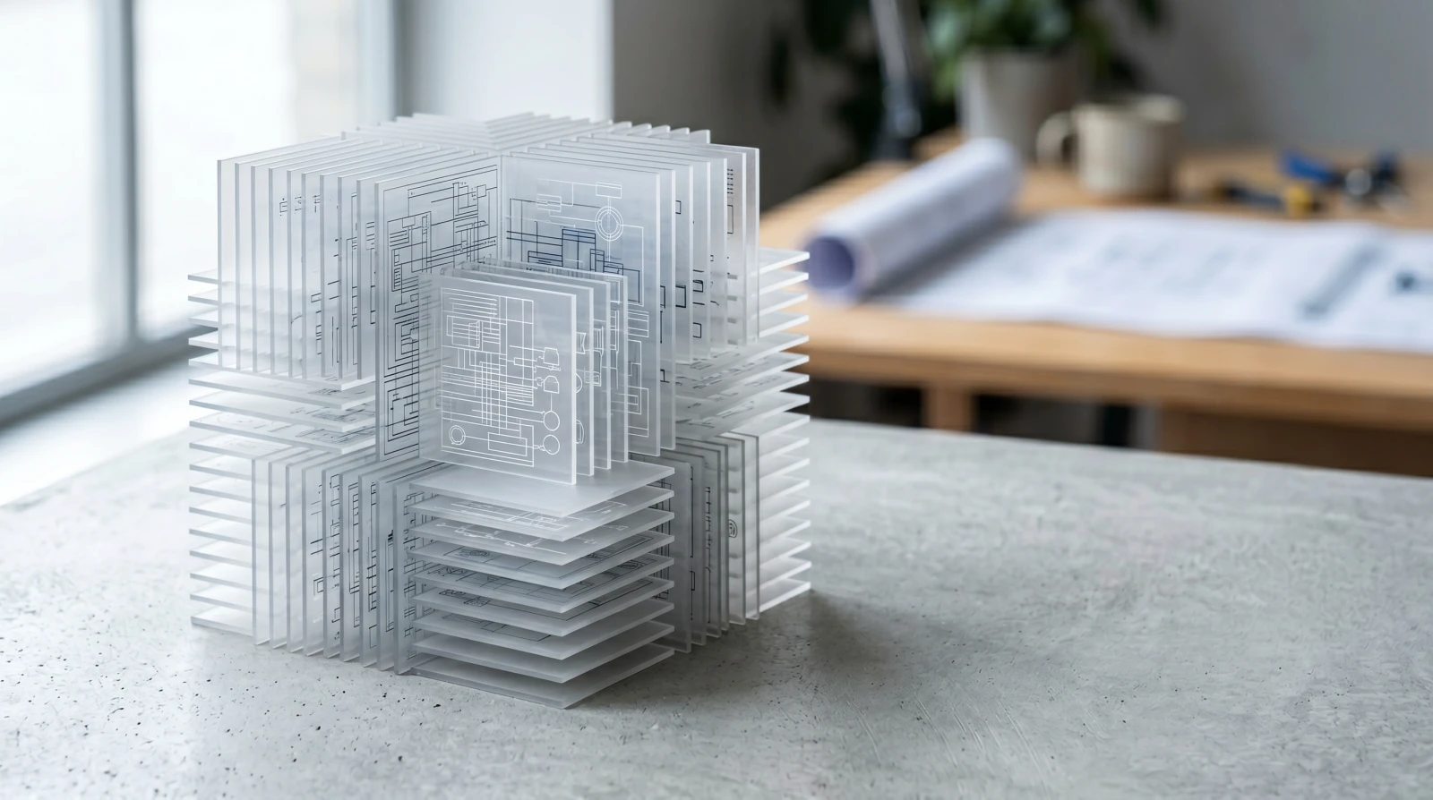 Abstract 3D visualization of code structure as a glowing interconnected graph of symbols and relationships